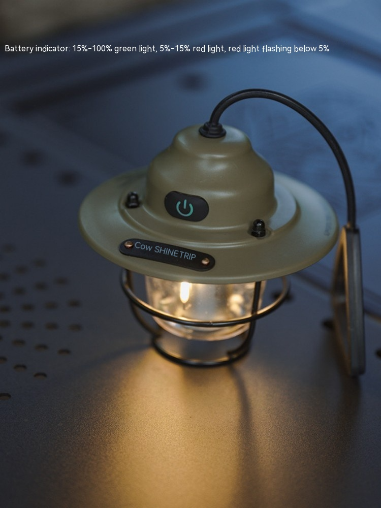 Lámpara de Camping Vintage KREAVAN Pine-Cone - Linterna LED Recargable de Metal, Diseño Retro y Correa de Cuero para Campamento y Jardín