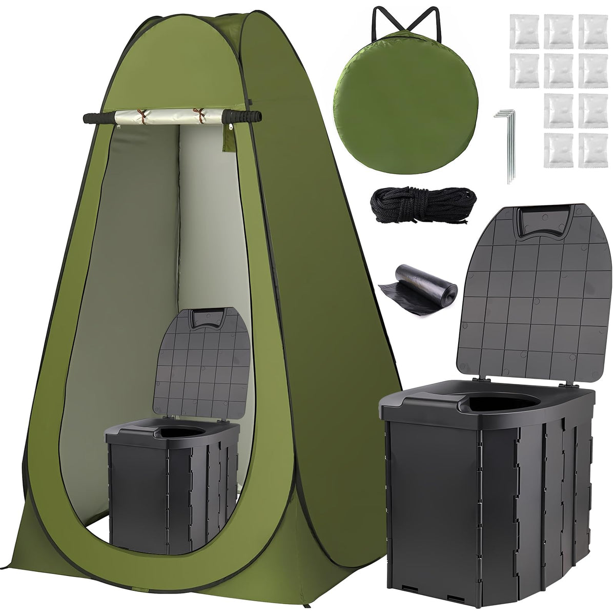 Set de Privacidad KREAVAN Freedom-Kit - WC Portátil XL Extra Alto, Tienda Cambiador Pop-Up con Protección UV y Pack de Accesorios para Camping y Exterior