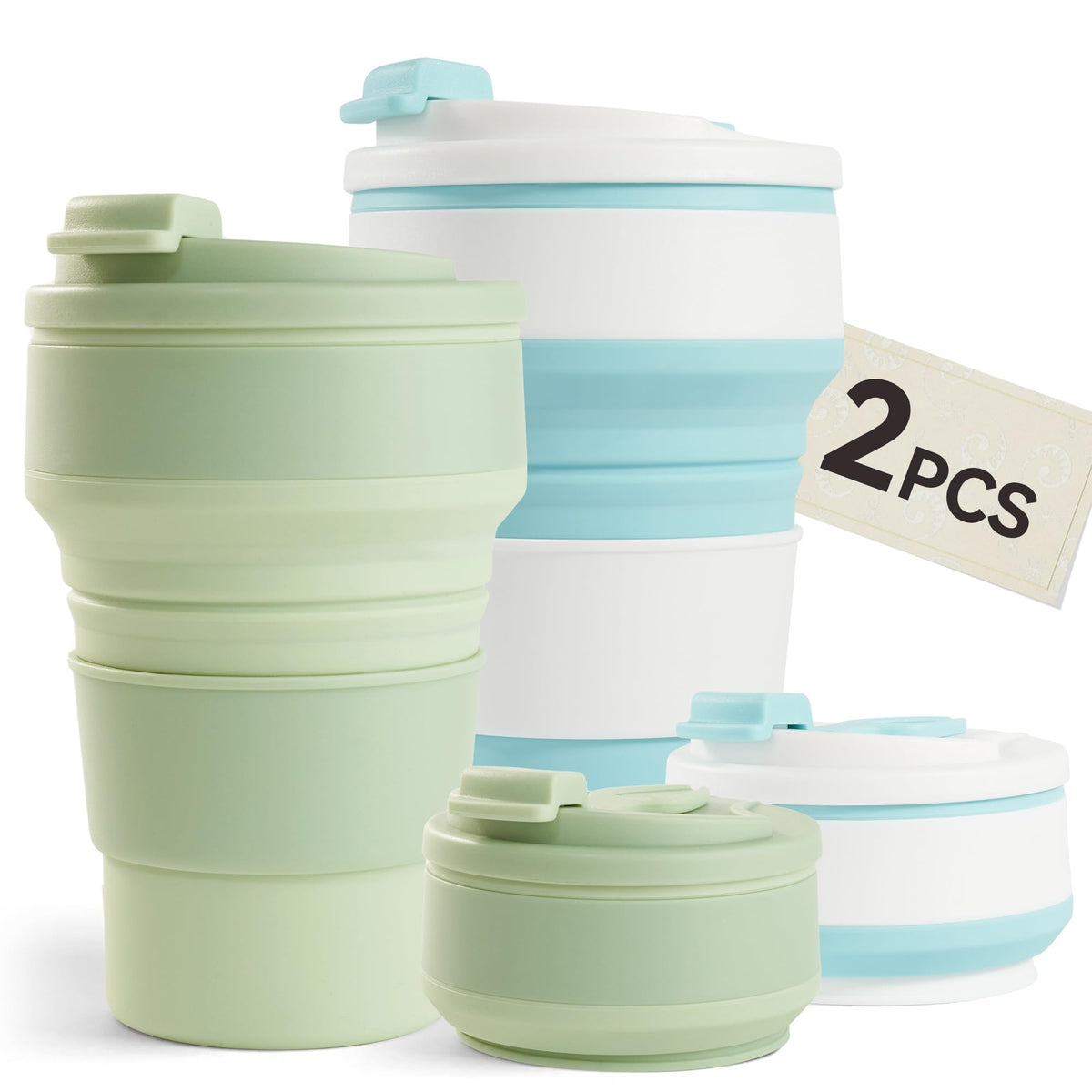 Pack x2 Tazas Plegables KREAVAN Nano-Space — Vasos de Silicona de Grado Alimenticio con Anillo Antiquemaduras, 100% Herméticos y Ultra-Compactos para Parejas en Ruta