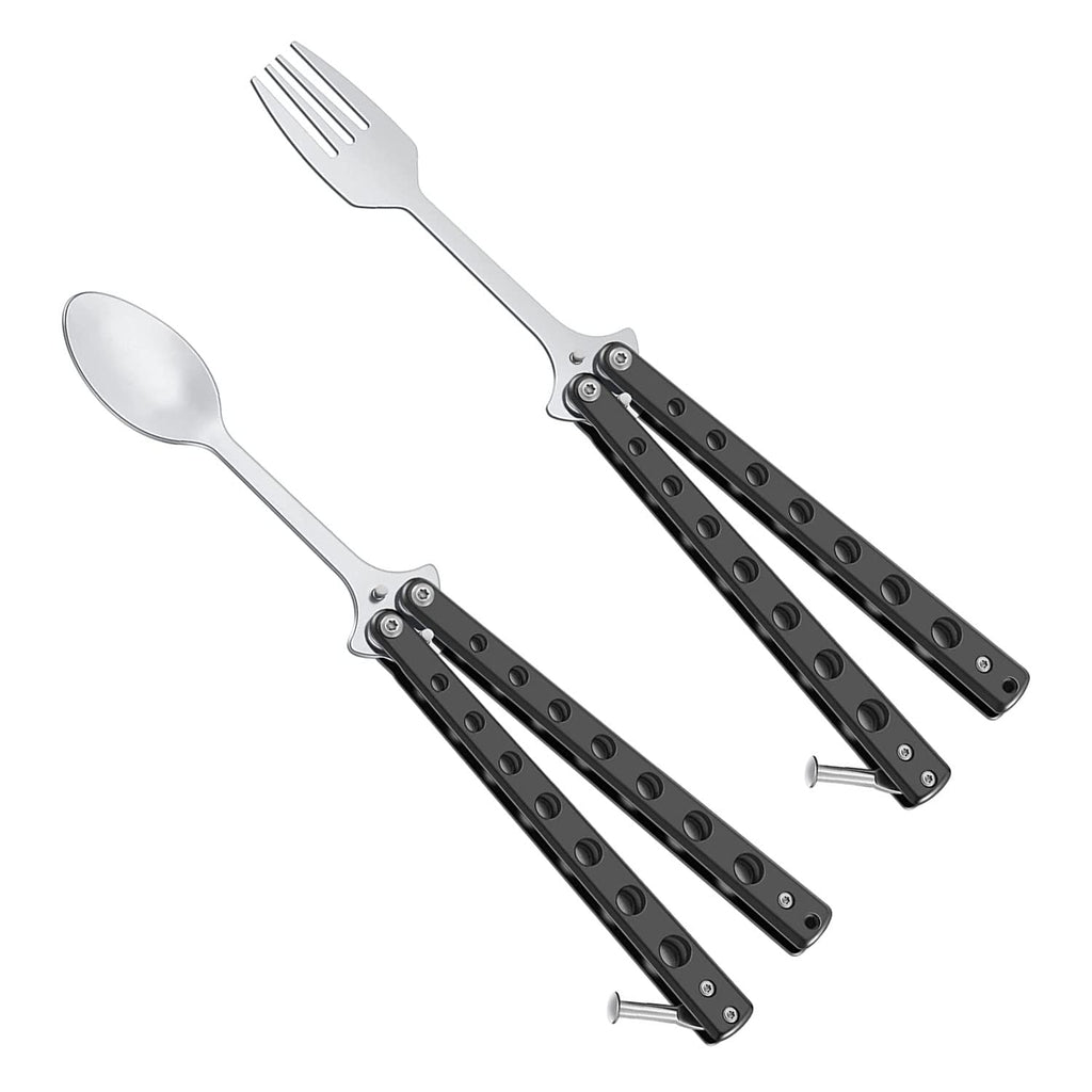 Butterfly Fork and Spoon Set 2 Pcs Tactical Stainless Steel Folding Butterfly-Open Style Camping Hiking Kitchen BBQ Grill Picnic Flatware Utensil (Black)