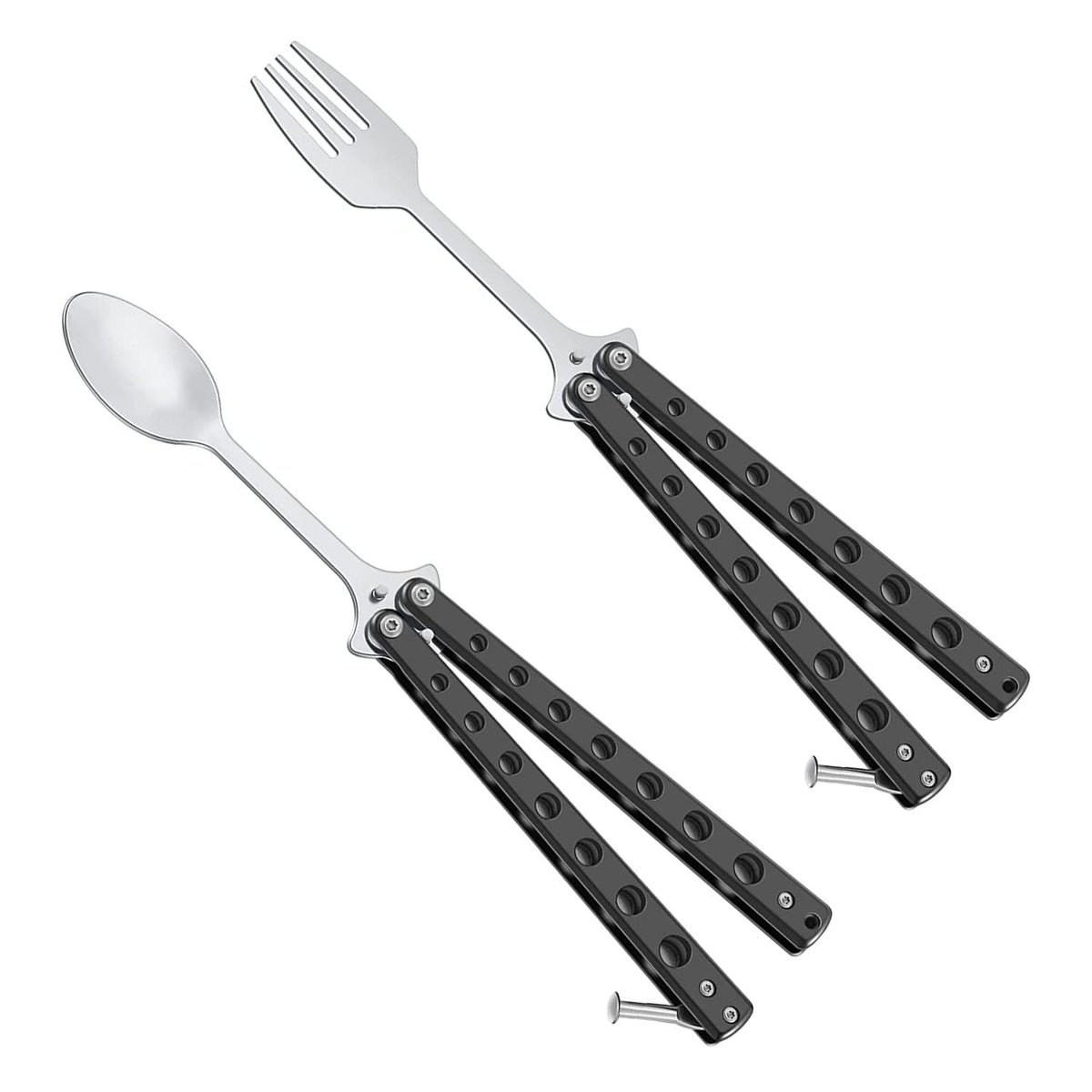 Butterfly Fork and Spoon Set 2 Pcs Tactical Stainless Steel Folding Butterfly-Open Style Camping Hiking Kitchen BBQ Grill Picnic Flatware Utensil (Black)