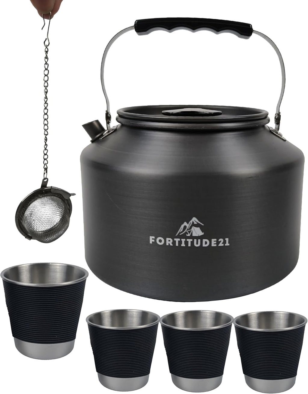 Set de Tetera y Tazas KREAVAN Summit-Brew — Hervidor de Aluminio de 2.2L para Fuego Abierto, 4 Tazas con Funda Térmica y Bolsa de Transporte para Camping y Expediciones