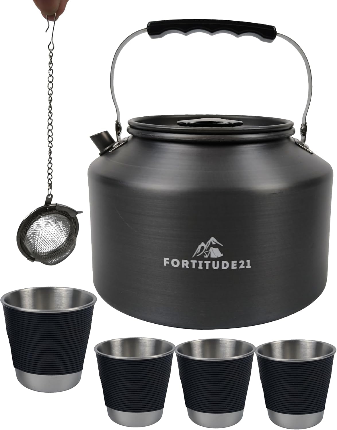 Set de Tetera y Tazas KREAVAN Summit-Brew — Hervidor de Aluminio de 2.2L para Fuego Abierto, 4 Tazas con Funda Térmica y Bolsa de Transporte para Camping y Expediciones