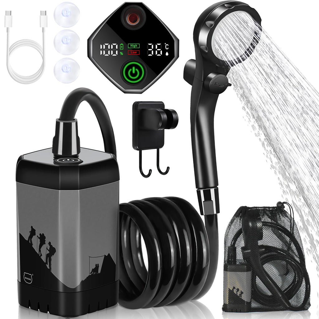 Ducha Portátil KREAVAN Smart-Flow - Pantalla Digital de Temperatura, Batería de 7800mAh y Caudal Regulable para Camping, Camper y Exterior