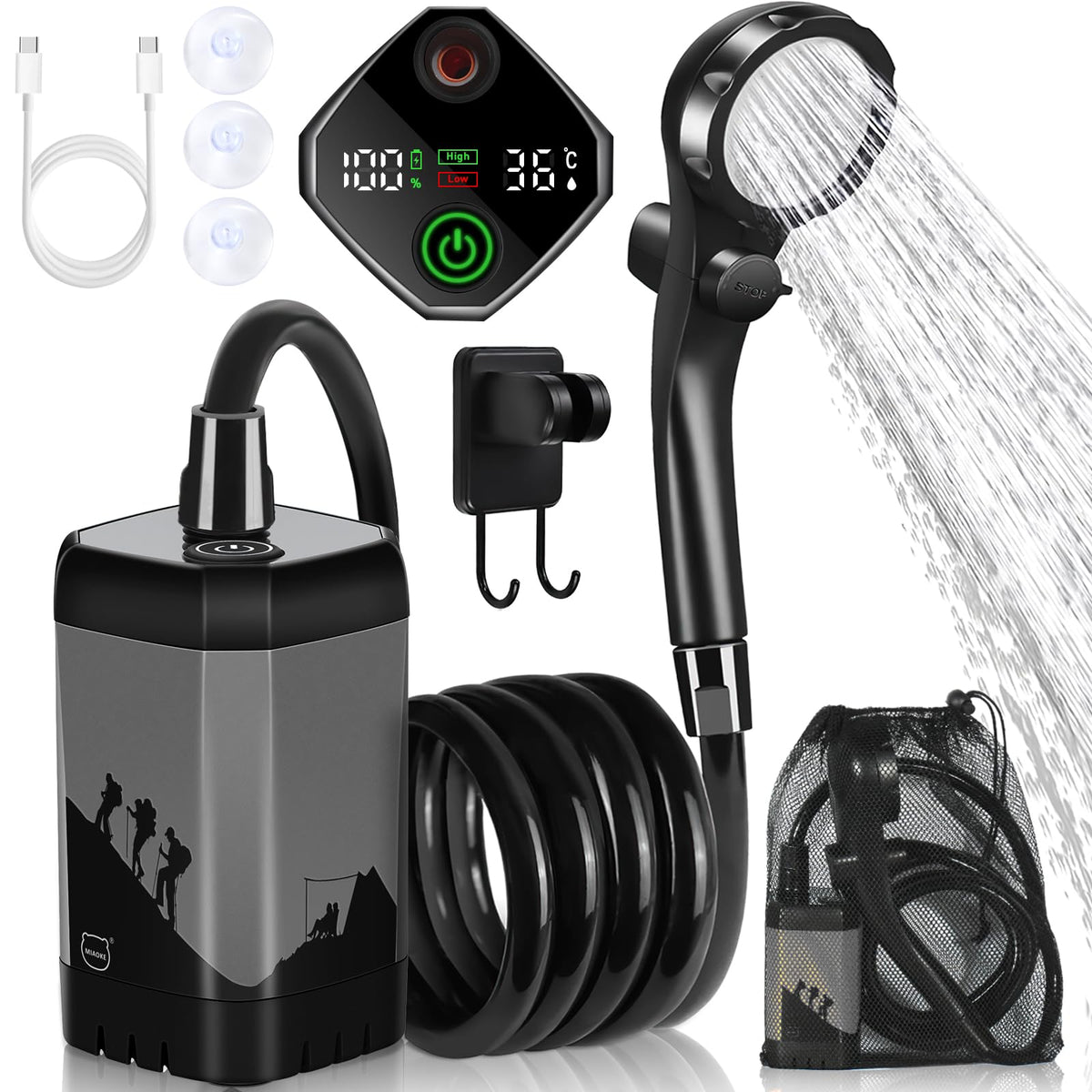 Ducha Portátil KREAVAN Smart-Flow - Pantalla Digital de Temperatura, Batería de 7800mAh y Caudal Regulable para Camping, Camper y Exterior