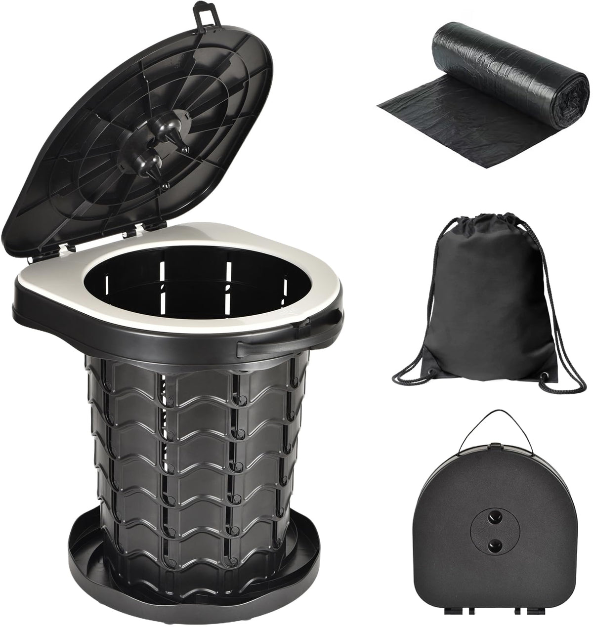 WC Portátil KREAVAN Multi-Scale XL - Inodoro Telescópico Ajustable, Soporta 180kg, 6 Funciones en 1 y Pack Completo con Mochila y Bolsas para Camper y Emergencias