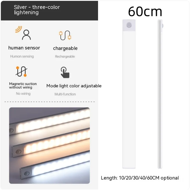 Luz LED Magnética Inteligente KREAVAN - Regleta Ultra-Fina Recargable, 3 Modos de Color y Sensor de Movimiento para Armarios y Furgonetas Camper