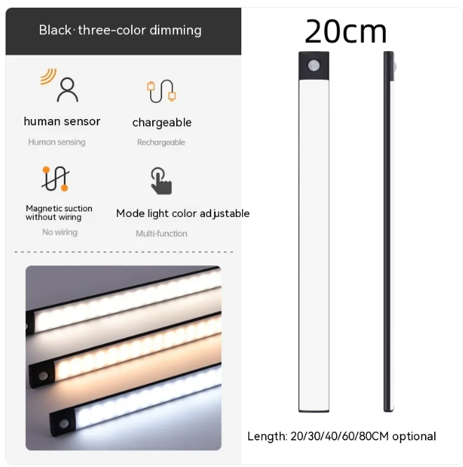 Luz LED Magnética Inteligente KREAVAN - Regleta Ultra-Fina Recargable, 3 Modos de Color y Sensor de Movimiento para Armarios y Furgonetas Camper