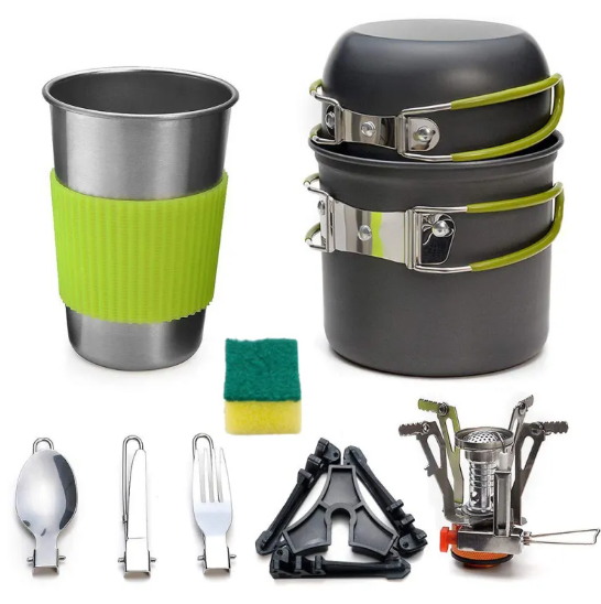 Set de Cocina de Montaña KREAVAN 9 en 1 - Kit de Hornillo y Menaje Ultraligero, Ollas de Aluminio Anodizado y Cubiertos Plegables para Trekking