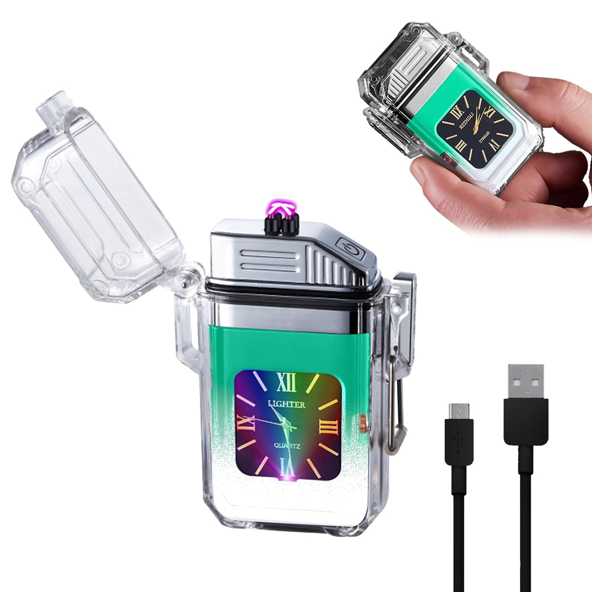 Encendedor de Plasma KREAVAN Cyber-Arc — Doble Arco Eléctrico USB-C, Cuerpo Transparente con Iluminación LED, Reloj Integrado y Diseño Futurista a Prueba de Viento