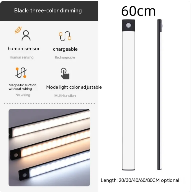 Luz LED Magnética Inteligente KREAVAN - Regleta Ultra-Fina Recargable, 3 Modos de Color y Sensor de Movimiento para Armarios y Furgonetas Camper