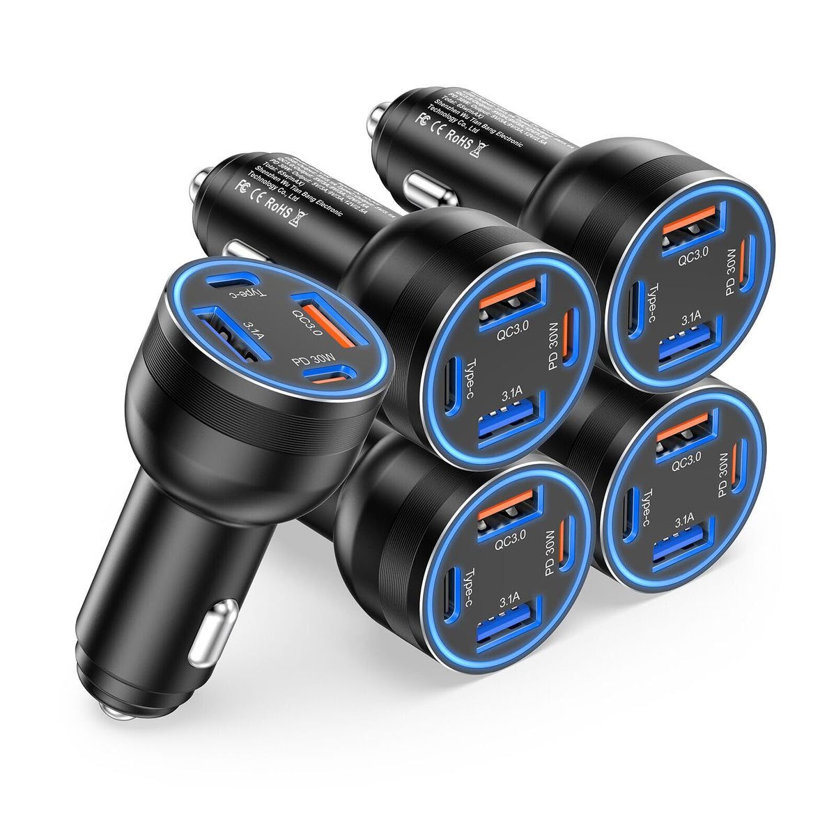 Pack x5 Cargadores KREAVAN Power-Drive 65W - Carga Ultra Rápida con 4 Puertos (PD 30W + QC 3.0) para Flotas, Familias y Furgonetas Camper