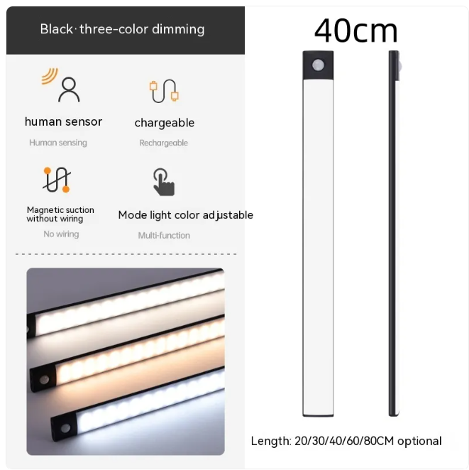 Luz LED Magnética Inteligente KREAVAN - Regleta Ultra-Fina Recargable, 3 Modos de Color y Sensor de Movimiento para Armarios y Furgonetas Camper