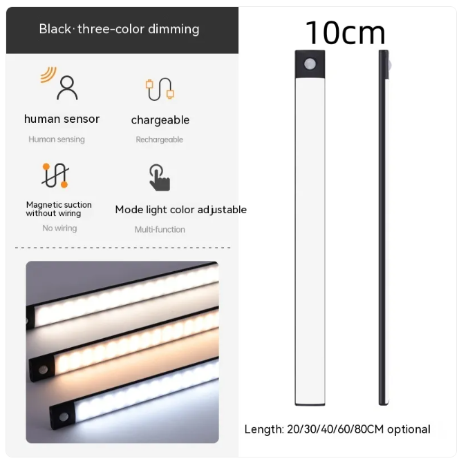 Luz LED Magnética Inteligente KREAVAN - Regleta Ultra-Fina Recargable, 3 Modos de Color y Sensor de Movimiento para Armarios y Furgonetas Camper