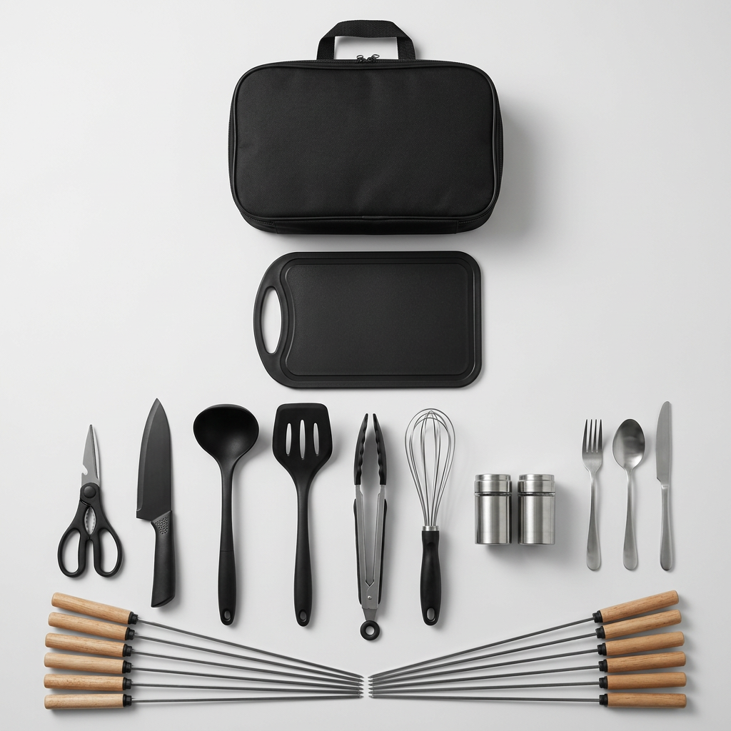 Set de Utensilios de Cocina de Camping 25 Piezas - Kit de Cocina para Camper, BBQ y Picnic con Estuche
