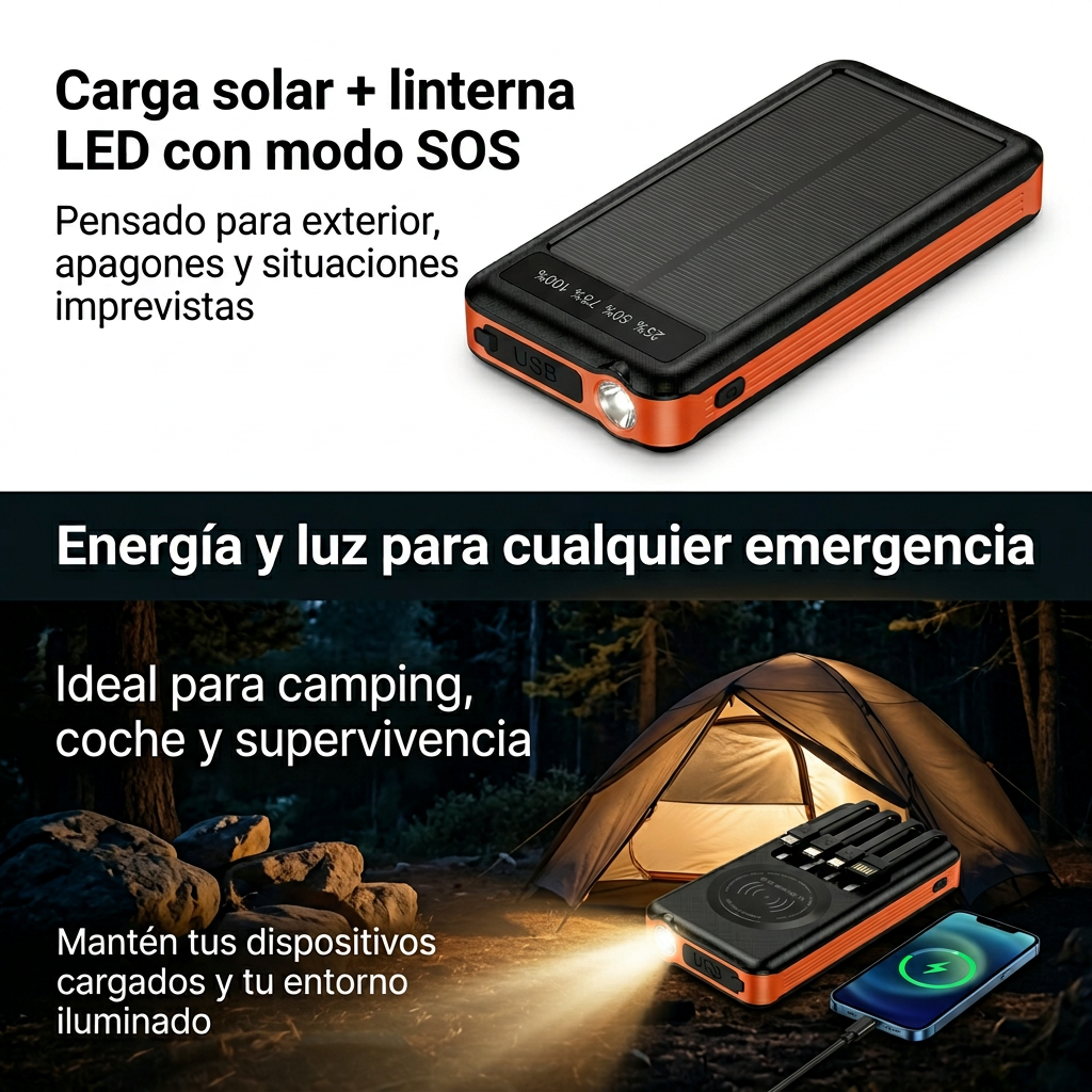 Power Bank Solar 10.000mAh Ultra-Resistente - Cargador Portátil con 4 Cables Integrados, Linterna SOS e Impermeable IP65