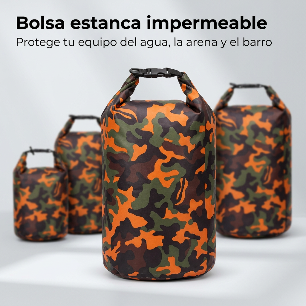 Bolsa Estanca Impermeable KREAVAN - Petate Marino Camuflaje para Kayak, Trekking y Playa (2L a 30L)