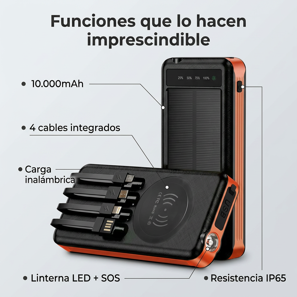Power Bank Solar 10.000mAh Ultra-Resistente - Cargador Portátil con 4 Cables Integrados, Linterna SOS e Impermeable IP65