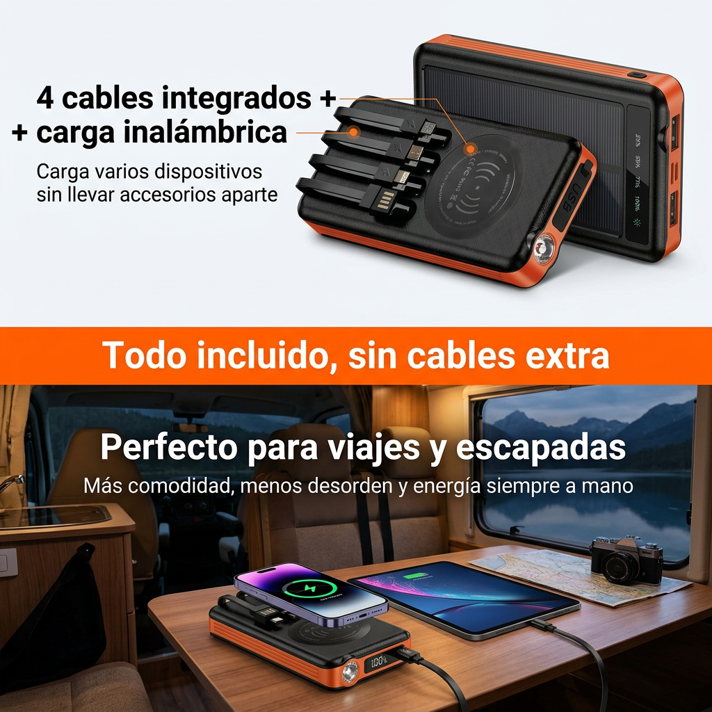 Power Bank Solar 10.000mAh Ultra-Resistente - Cargador Portátil con 4 Cables Integrados, Linterna SOS e Impermeable IP65