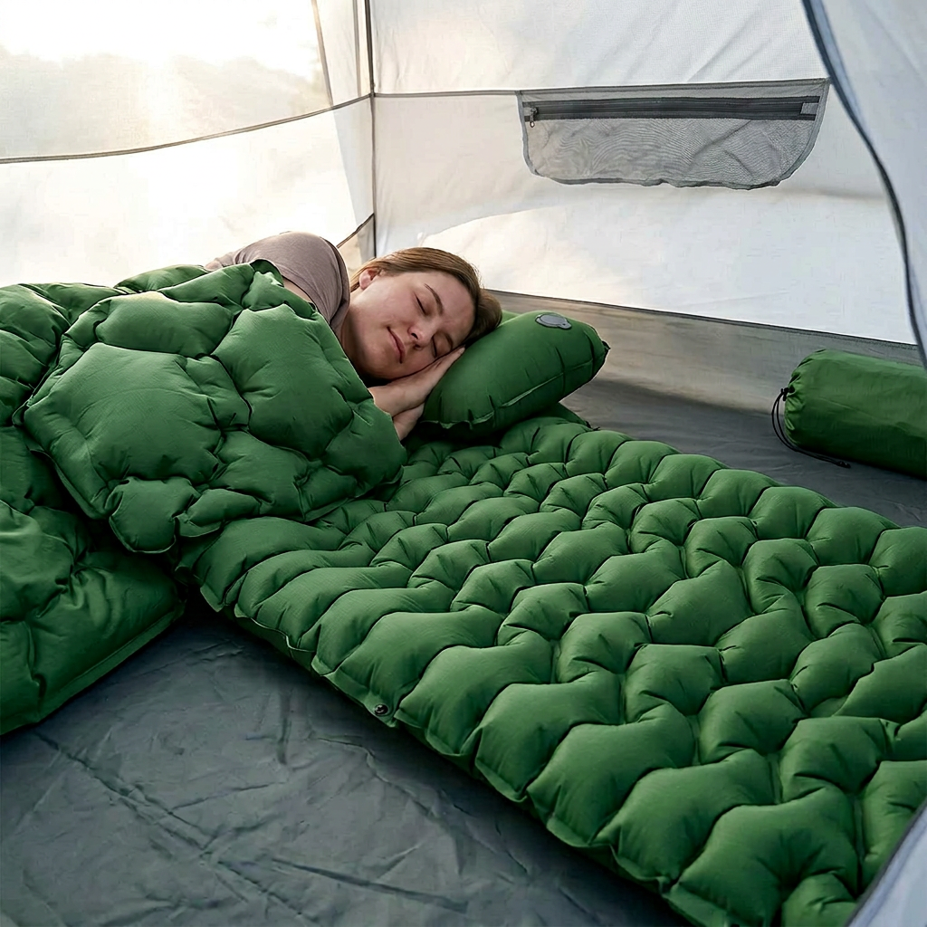 Esterilla Inflable de Acampada 50D con Almohada y Bomba de Pie