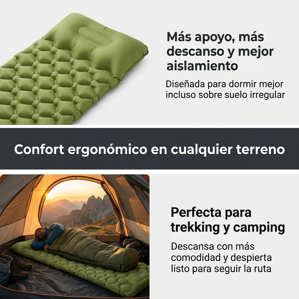 Esterilla Inflable de Camping Ultraligera - Colchoneta de 40D Nylon con Almohada Ergonómica y Bomba de Pie