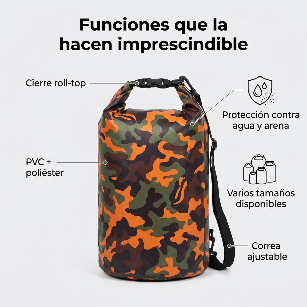 Bolsa Estanca Impermeable KREAVAN - Petate Marino Camuflaje para Kayak, Trekking y Playa (2L a 30L)