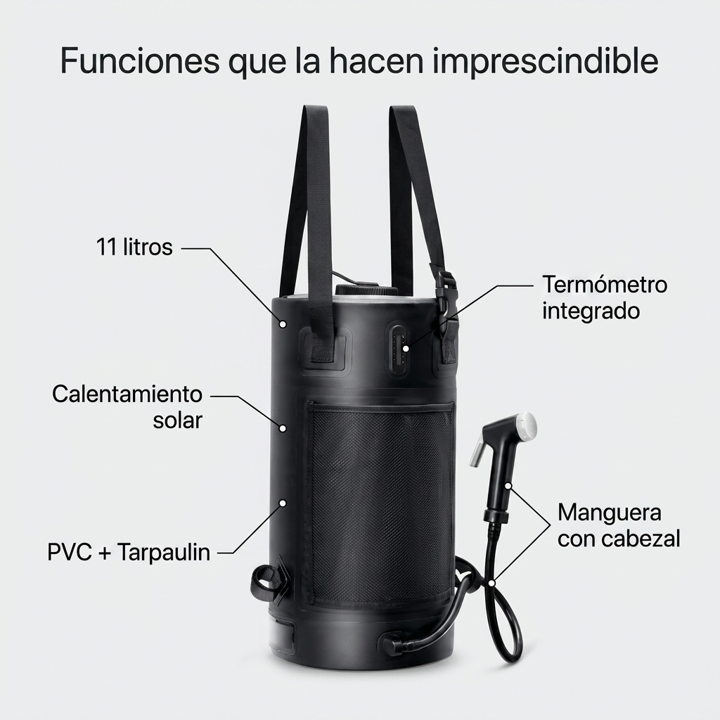 Ducha Solar de Presión KREAVAN 11L - Bolsa de Ducha Térmica Portátil con Indicador de Temperatura y Material Reforzado
