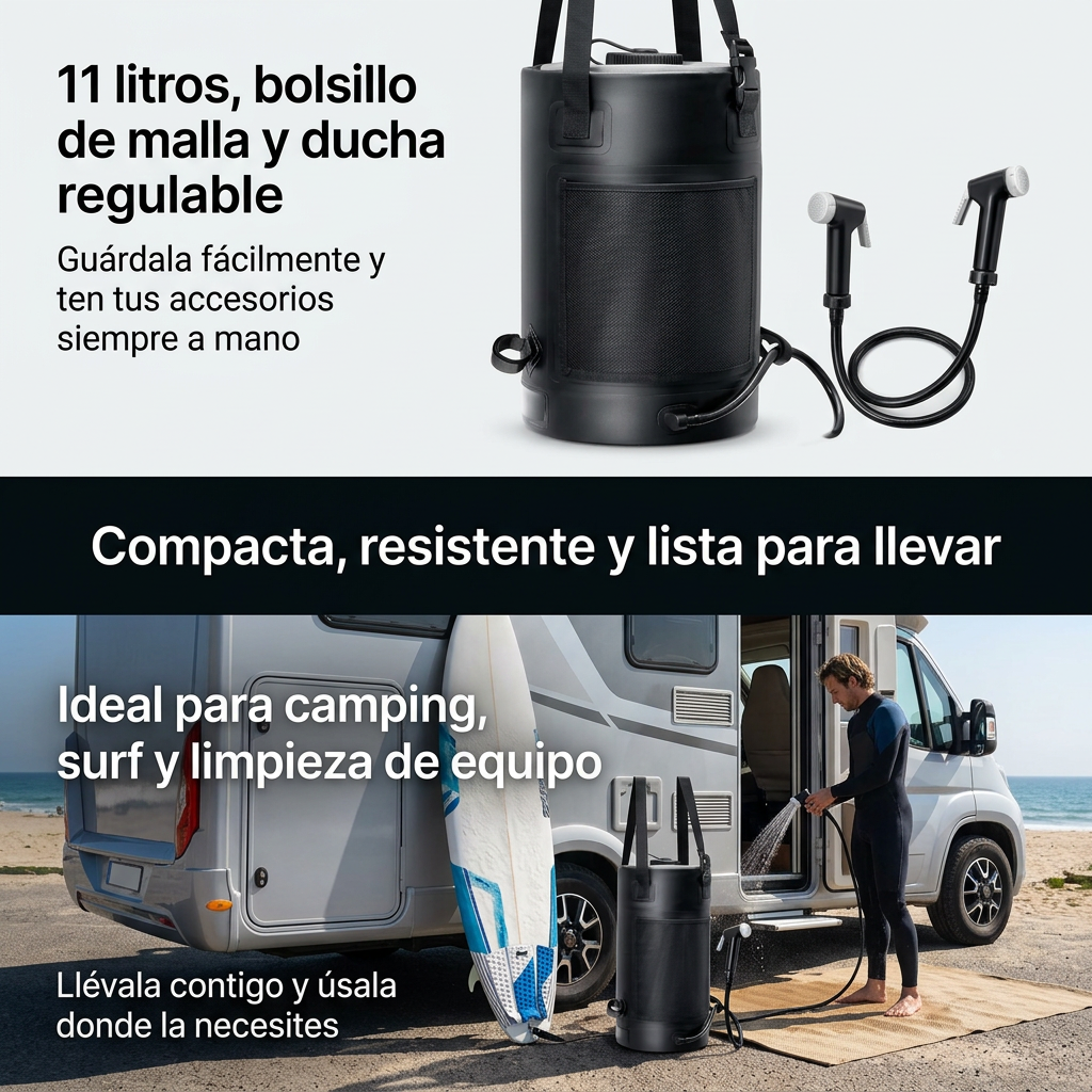 Ducha Solar de Presión KREAVAN 11L - Bolsa de Ducha Térmica Portátil con Indicador de Temperatura y Material Reforzado