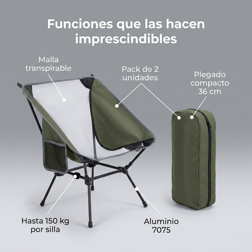 Pack 2 Sillas de Camping Ultraligeras - Set de Sillas de Trekking Portátiles, Aluminio y Soporte 150kg