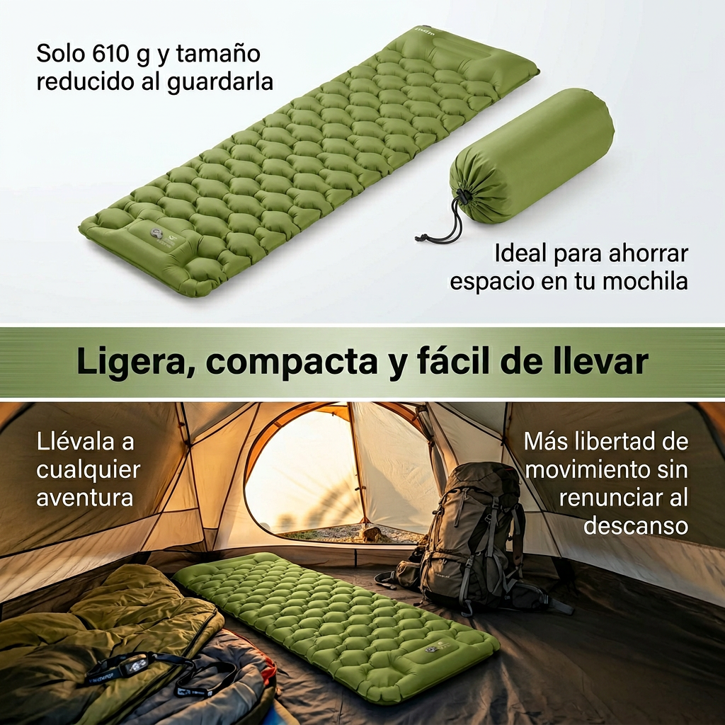 Esterilla Inflable de Camping Ultraligera - Colchoneta de 40D Nylon con Almohada Ergonómica y Bomba de Pie