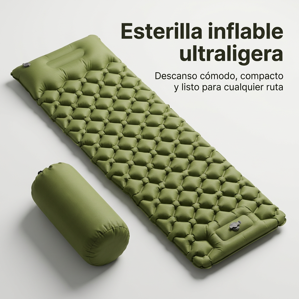 Esterilla Inflable de Camping Ultraligera - Colchoneta de 40D Nylon con Almohada Ergonómica y Bomba de Pie