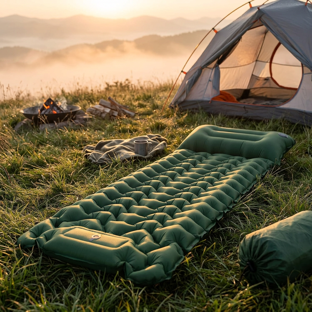 Esterilla Inflable de Acampada 50D con Almohada y Bomba de Pie