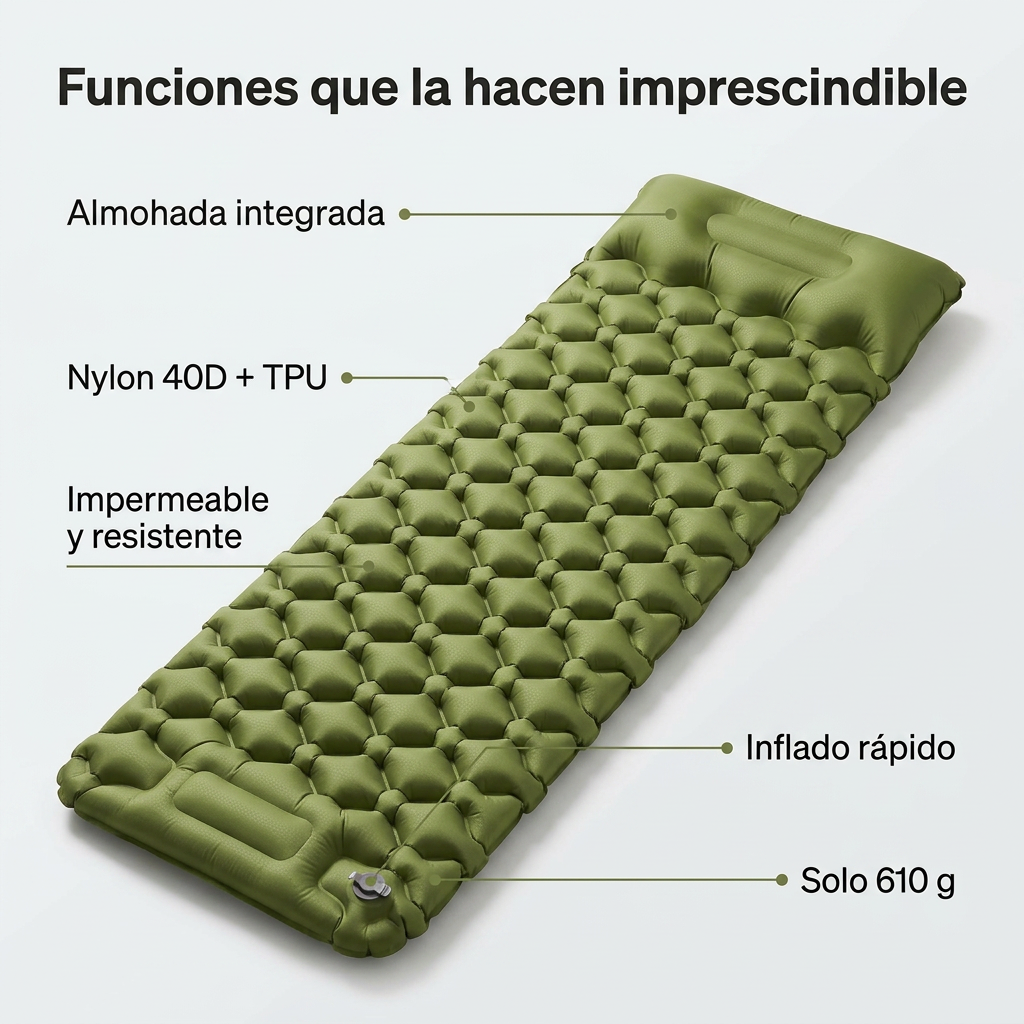 Esterilla Inflable de Camping Ultraligera - Colchoneta de 40D Nylon con Almohada Ergonómica y Bomba de Pie
