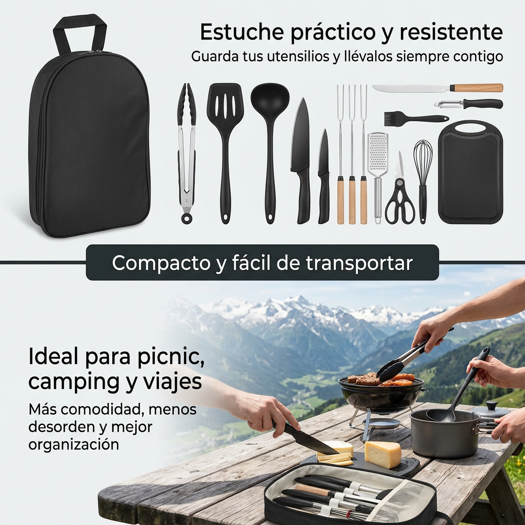 Set de Utensilios de Cocina de Camping 25 Piezas - Kit de Cocina para Camper, BBQ y Picnic con Estuche