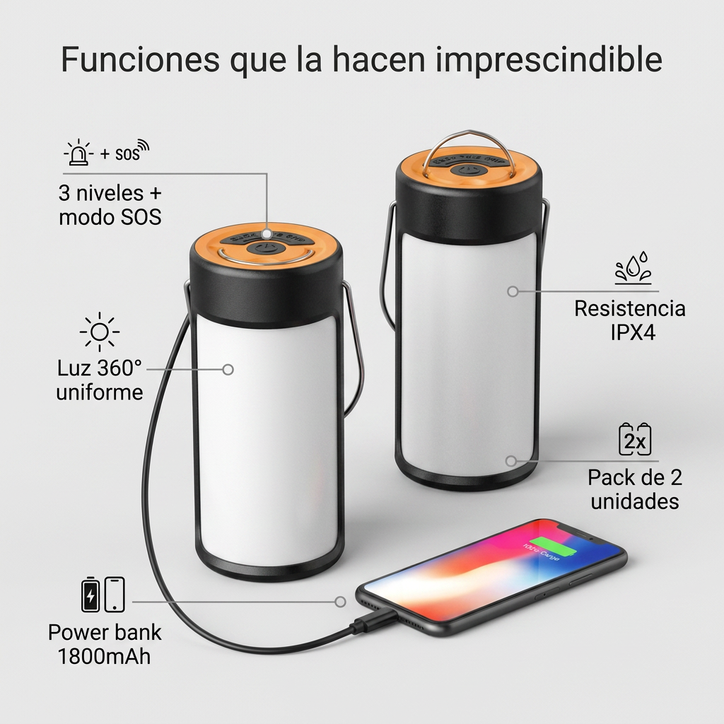 Pack 2 Linternas de Camping Recargables USB - Lámpara LED Portátil 800lm con Power Bank y SOS