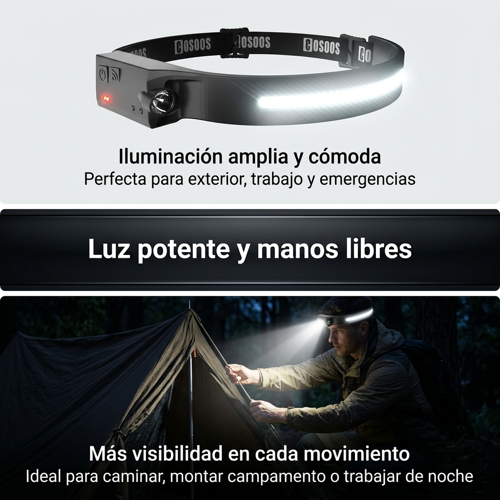 Linterna Frontal LED Panorámica de 1000 Lúmenes - Sensor de Movimiento y Luz Roja - Pack de 2