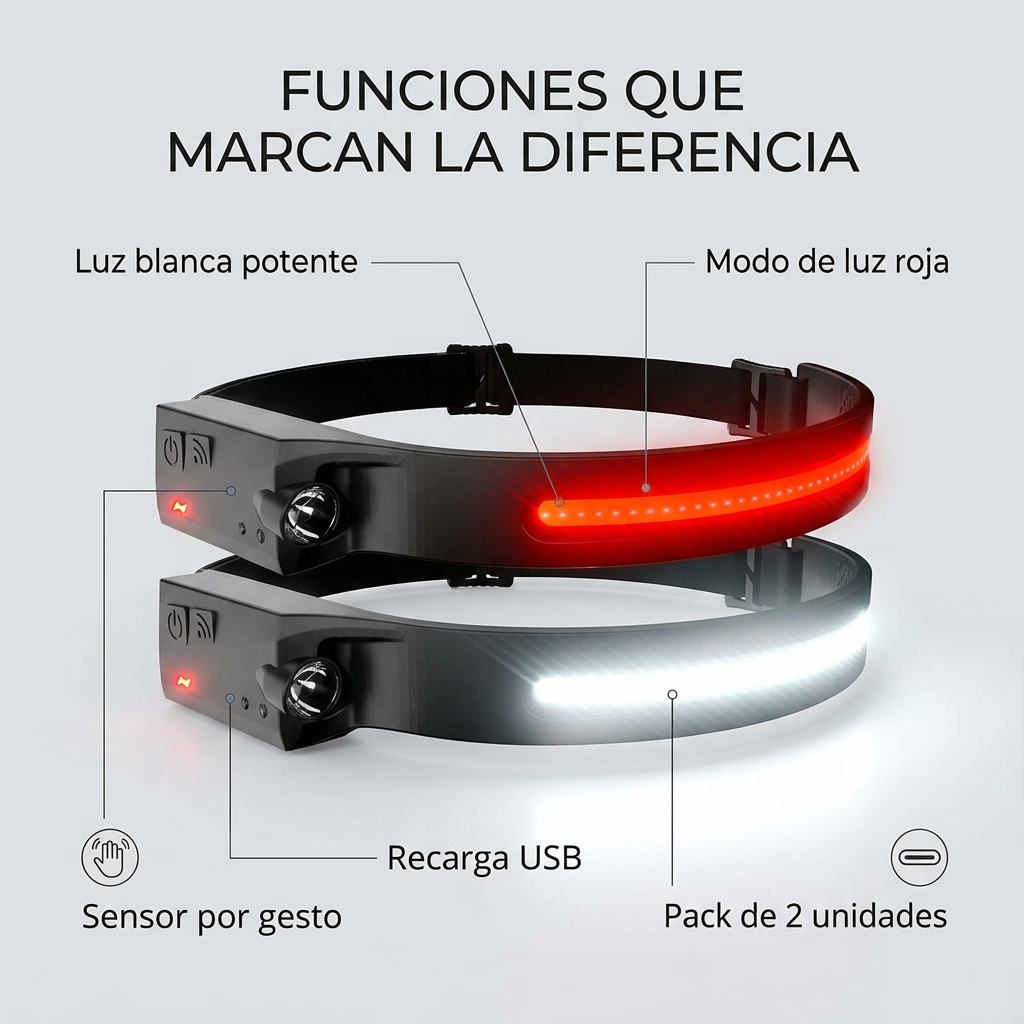 Linterna Frontal LED Panorámica de 1000 Lúmenes - Sensor de Movimiento y Luz Roja - Pack de 2