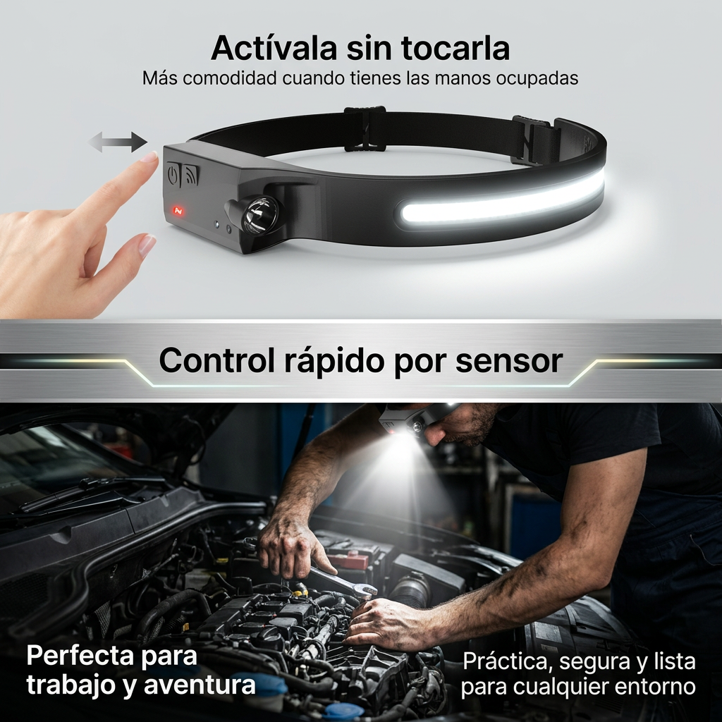 Linterna Frontal LED Panorámica de 1000 Lúmenes - Sensor de Movimiento y Luz Roja - Pack de 2