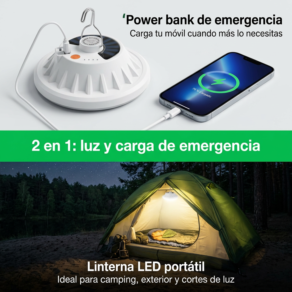 Lámpara de Camping Pro 60 LED: Carga Dual Solar y USB