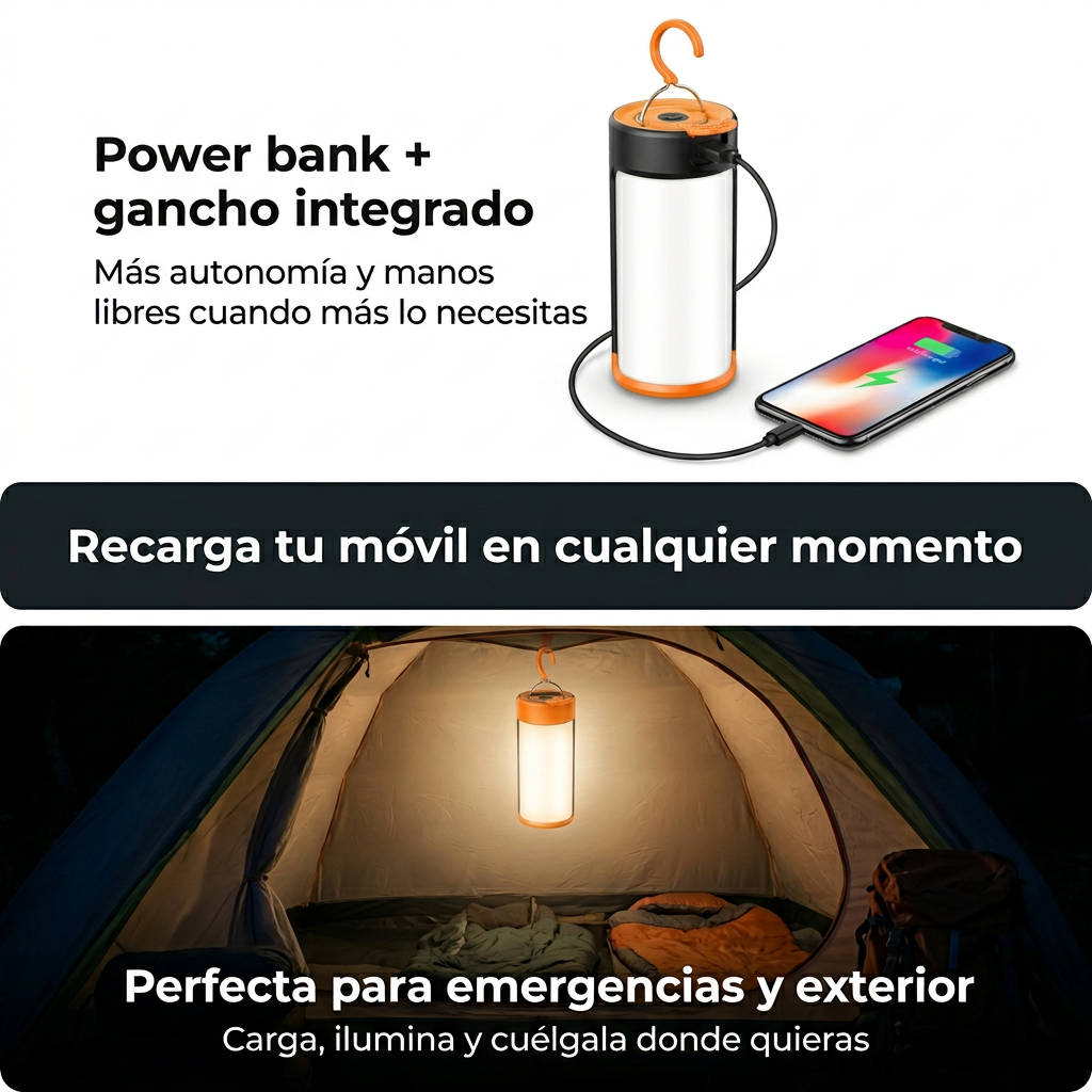 Pack 2 Linternas de Camping Recargables USB - Lámpara LED Portátil 800lm con Power Bank y SOS