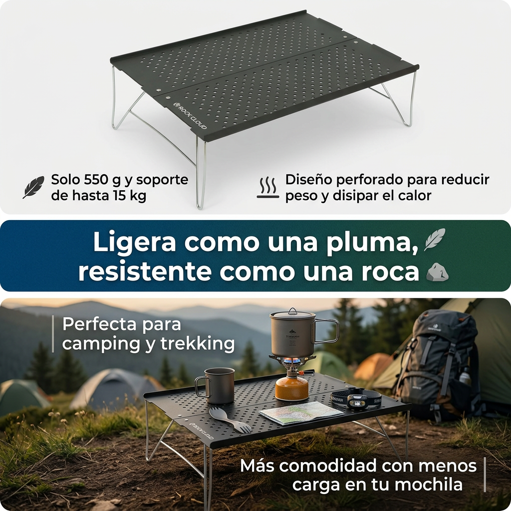 Mini Mesa de Camping Ultraligera de Aluminio - Mesa Auxiliar Plegable y Perforada para Trekking, Playa y Picnic