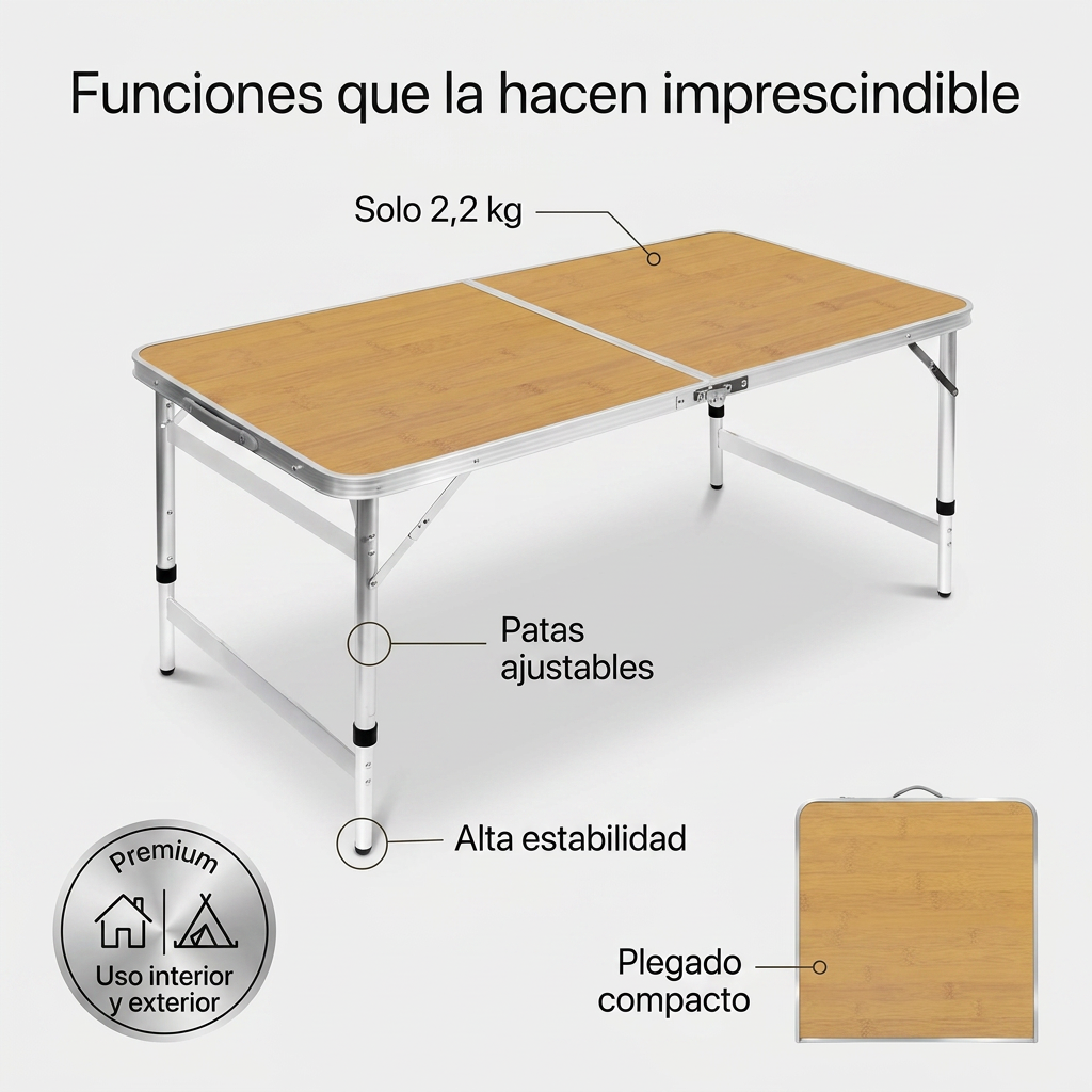 Mesa de Camping Plegable de Aluminio 90cm - Mesa Baja Portátil para Picnic, Playa y Exterior
