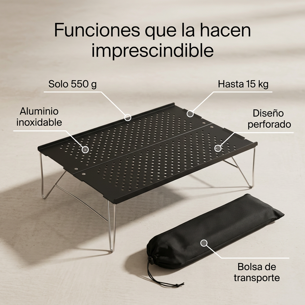 Mini Mesa de Camping Ultraligera de Aluminio - Mesa Auxiliar Plegable y Perforada para Trekking, Playa y Picnic