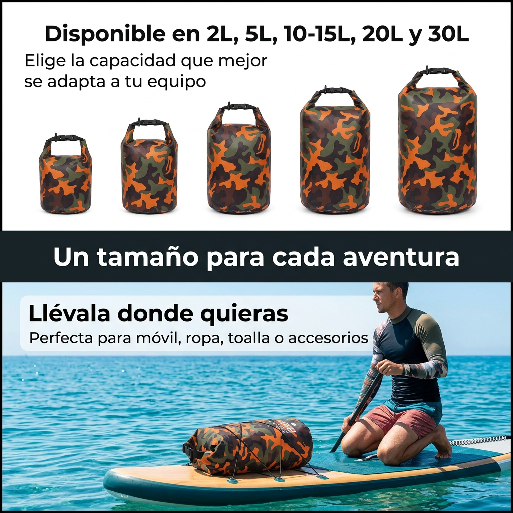 Bolsa Estanca Impermeable KREAVAN - Petate Marino Camuflaje para Kayak, Trekking y Playa (2L a 30L)