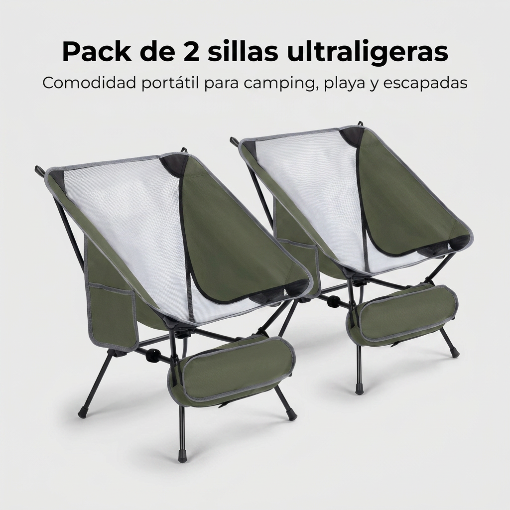 Pack 2 Sillas de Camping Ultraligeras - Set de Sillas de Trekking Portátiles, Aluminio y Soporte 150kg