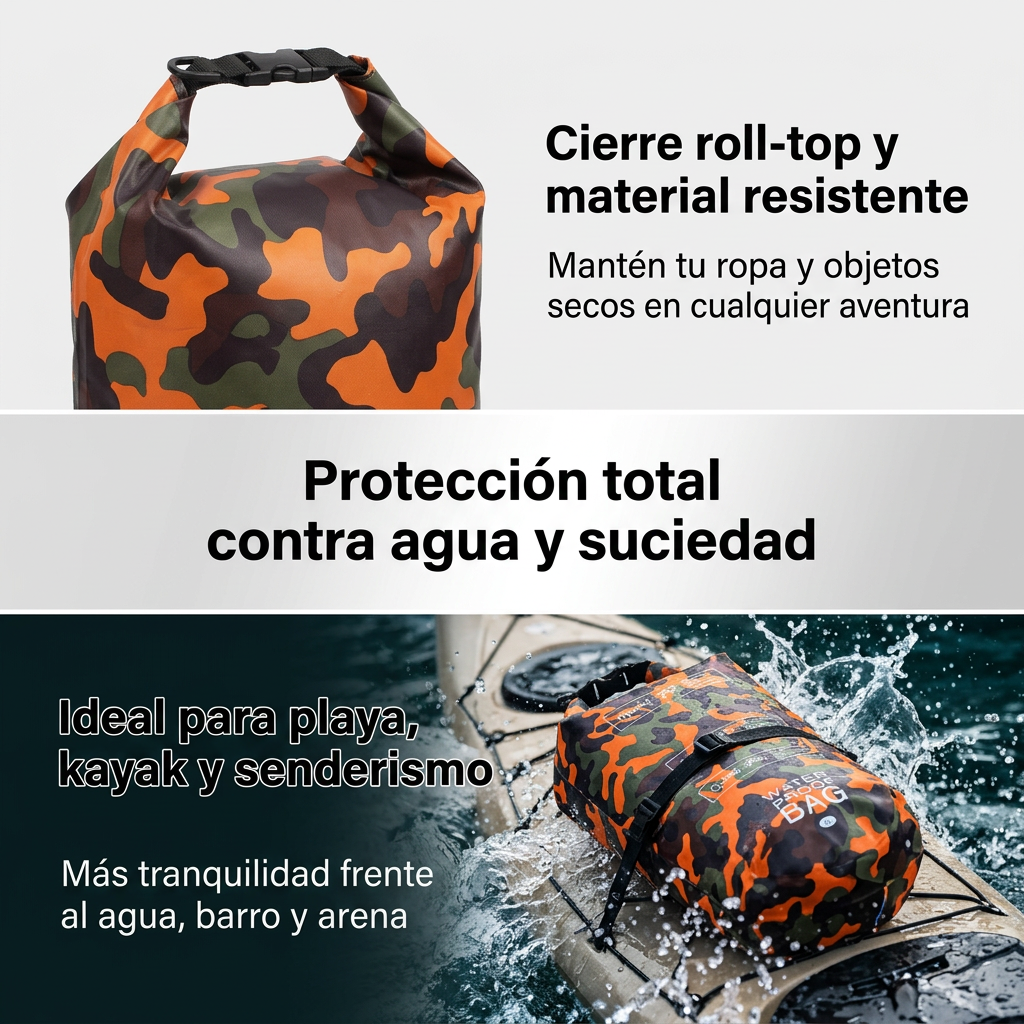 Bolsa Estanca Impermeable KREAVAN - Petate Marino Camuflaje para Kayak, Trekking y Playa (2L a 30L)
