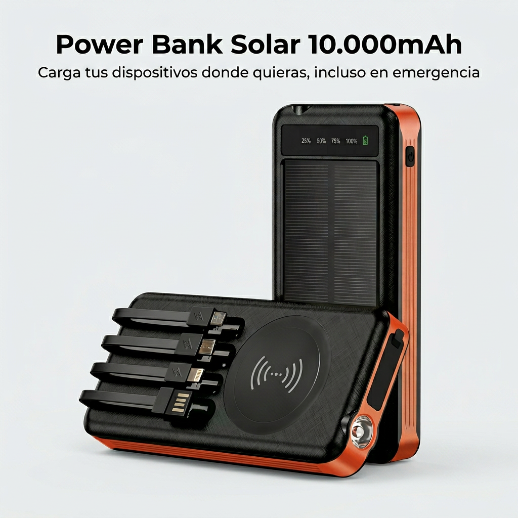 Power Bank Solar 10.000mAh Ultra-Resistente - Cargador Portátil con 4 Cables Integrados, Linterna SOS e Impermeable IP65