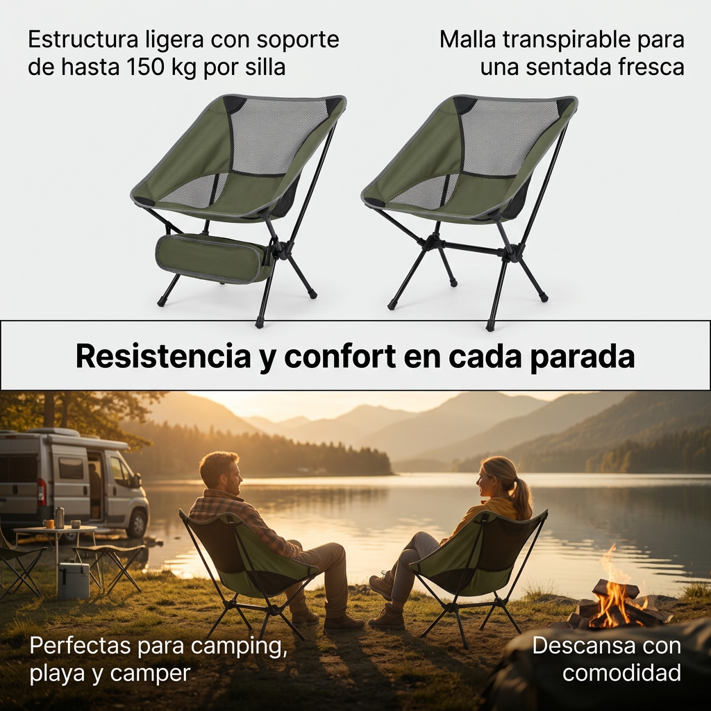 Pack 2 Sillas de Camping Ultraligeras - Set de Sillas de Trekking Portátiles, Aluminio y Soporte 150kg