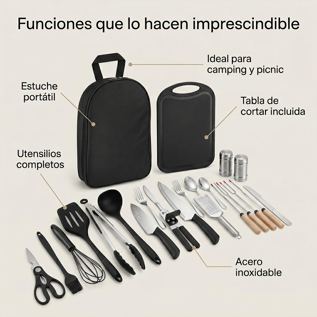 Set de Utensilios de Cocina de Camping 25 Piezas - Kit de Cocina para Camper, BBQ y Picnic con Estuche