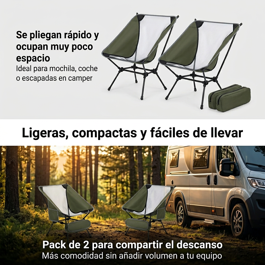 Pack 2 Sillas de Camping Ultraligeras - Set de Sillas de Trekking Portátiles, Aluminio y Soporte 150kg